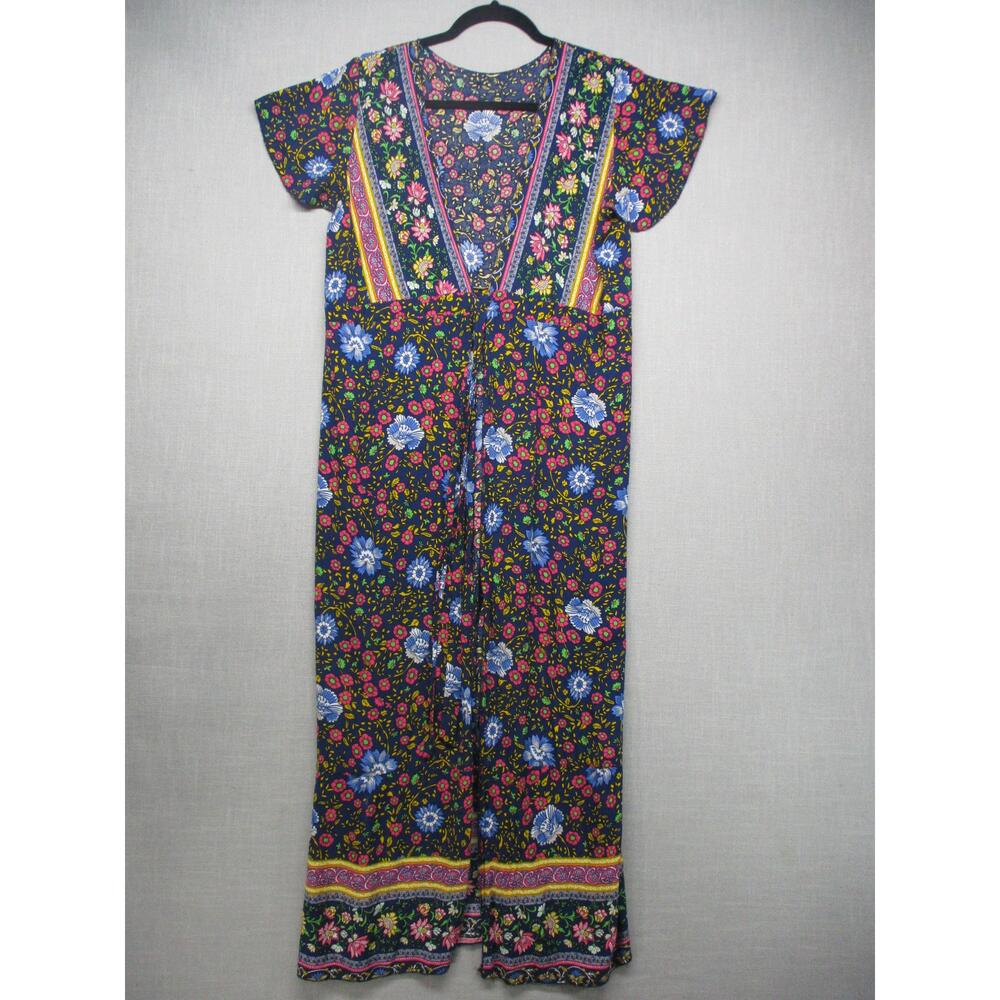 Dark Blue Multi-Color‎ Floral Print Bohemian Flowy Wrap Dress Womens O/S